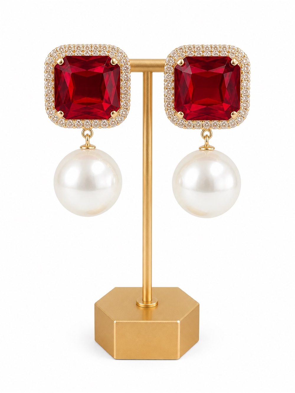 Vintage Red Acrylic Statement Earrings Gold Tone Rhinestone Halo Faux Pearl Drop